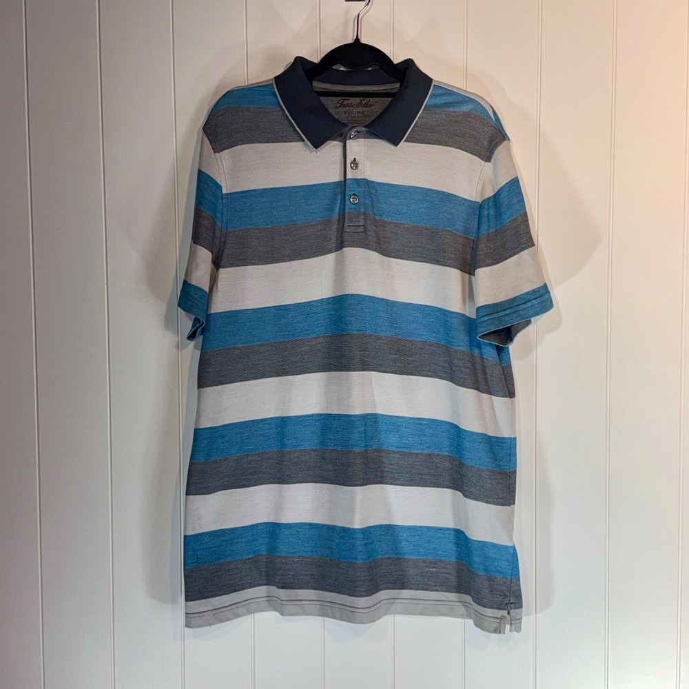 Tasso Elba Mens XXL Supima Cotton Striped Polo Shirt Blue Grey Short Sleeve